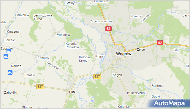 mapa Krypy gmina Liw, Krypy gmina Liw na mapie Targeo