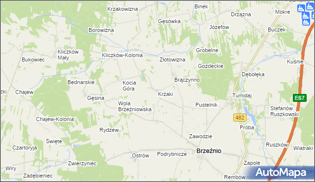 mapa Krzaki gmina Brzeźnio, Krzaki gmina Brzeźnio na mapie Targeo