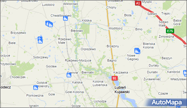 mapa Krzewie gmina Lubień Kujawski, Krzewie gmina Lubień Kujawski na mapie Targeo