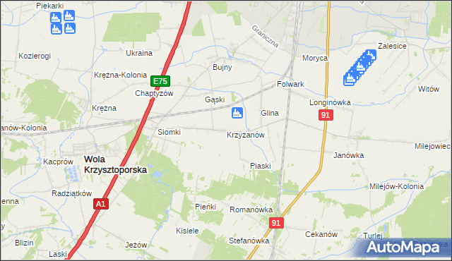 mapa Krzyżanów gmina Wola Krzysztoporska, Krzyżanów gmina Wola Krzysztoporska na mapie Targeo