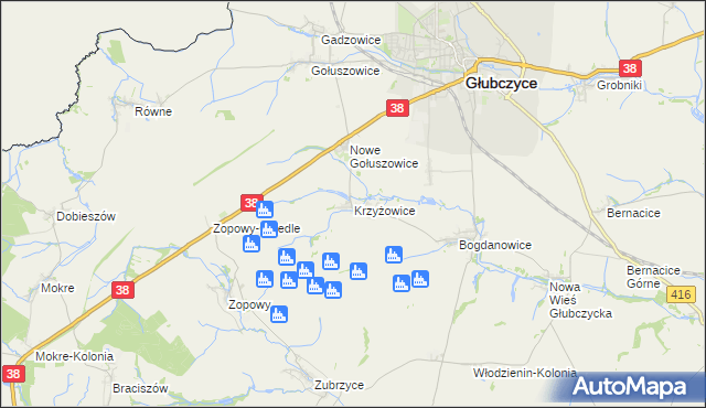 mapa Krzyżowice gmina Głubczyce, Krzyżowice gmina Głubczyce na mapie Targeo