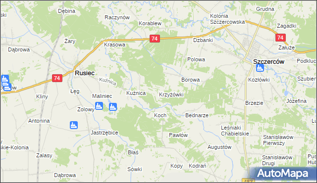 mapa Krzyżówki gmina Szczerców, Krzyżówki gmina Szczerców na mapie Targeo