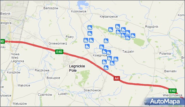 mapa Księginice gmina Legnickie Pole, Księginice gmina Legnickie Pole na mapie Targeo