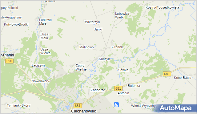 mapa Kuczyn gmina Klukowo, Kuczyn gmina Klukowo na mapie Targeo