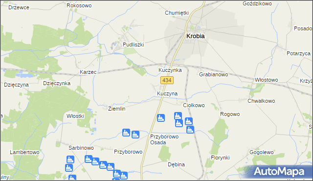 mapa Kuczyna gmina Krobia, Kuczyna gmina Krobia na mapie Targeo