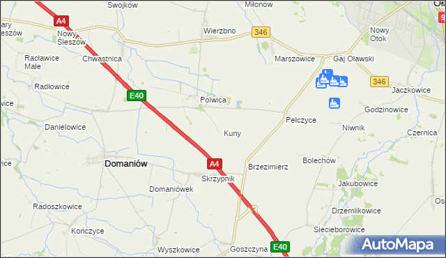 mapa Kuny gmina Domaniów, Kuny gmina Domaniów na mapie Targeo