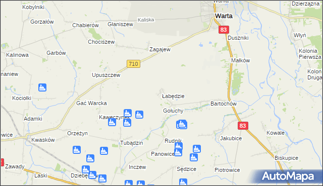 mapa Łabędzie gmina Warta, Łabędzie gmina Warta na mapie Targeo