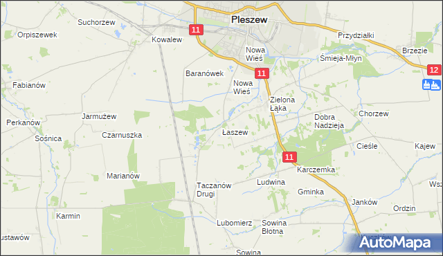 mapa Łaszew gmina Pleszew, Łaszew gmina Pleszew na mapie Targeo