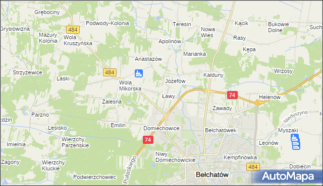 mapa Ławy gmina Bełchatów, Ławy gmina Bełchatów na mapie Targeo