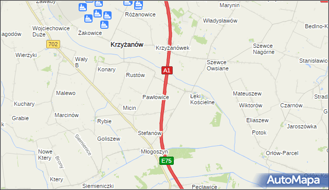 mapa Łęki Górne gmina Krzyżanów, Łęki Górne gmina Krzyżanów na mapie Targeo