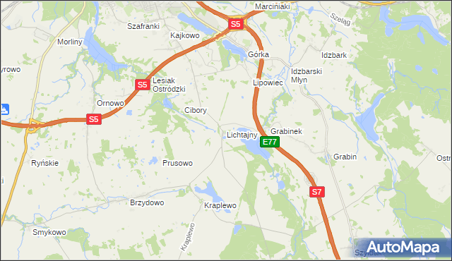 mapa Lichtajny gmina Ostróda, Lichtajny gmina Ostróda na mapie Targeo