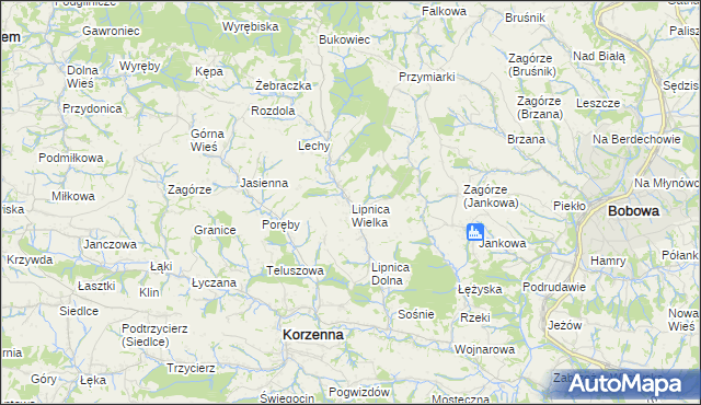 mapa Lipnica Wielka gmina Korzenna, Lipnica Wielka gmina Korzenna na mapie Targeo