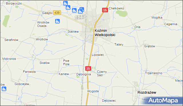 mapa Lipowiec gmina Koźmin Wielkopolski, Lipowiec gmina Koźmin Wielkopolski na mapie Targeo