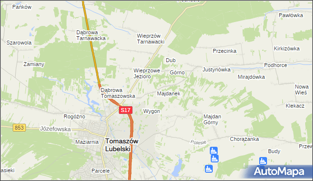 mapa Majdanek gmina Tomaszów Lubelski, Majdanek gmina Tomaszów Lubelski na mapie Targeo