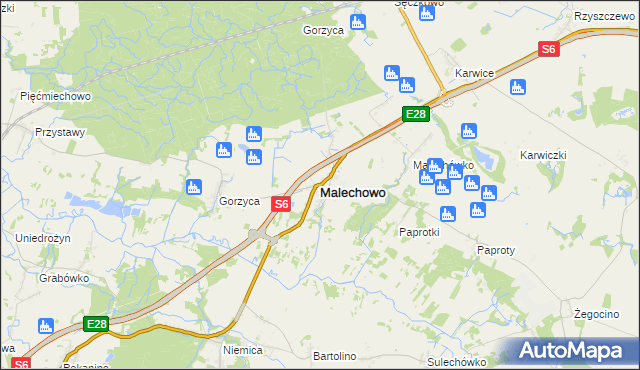 mapa Malechowo powiat sławieński, Malechowo powiat sławieński na mapie Targeo