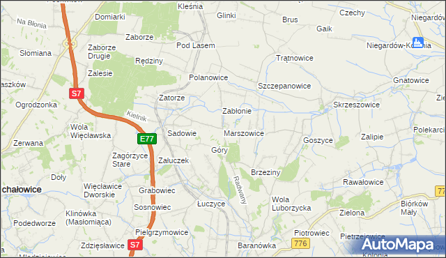 mapa Marszowice gmina Kocmyrzów-Luborzyca, Marszowice gmina Kocmyrzów-Luborzyca na mapie Targeo