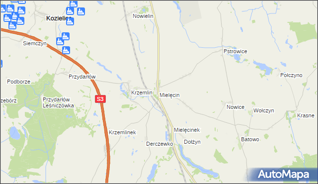 mapa Mielęcin gmina Pyrzyce, Mielęcin gmina Pyrzyce na mapie Targeo