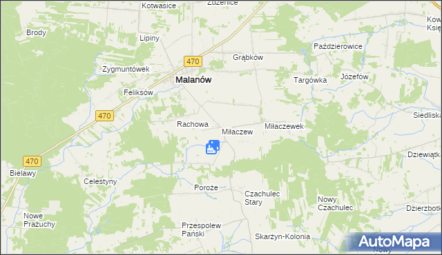 mapa Miłaczew gmina Malanów, Miłaczew gmina Malanów na mapie Targeo