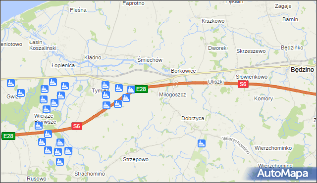 mapa Miłogoszcz gmina Będzino, Miłogoszcz gmina Będzino na mapie Targeo