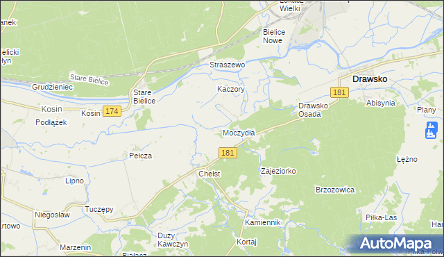 mapa Moczydła gmina Drawsko, Moczydła gmina Drawsko na mapie Targeo