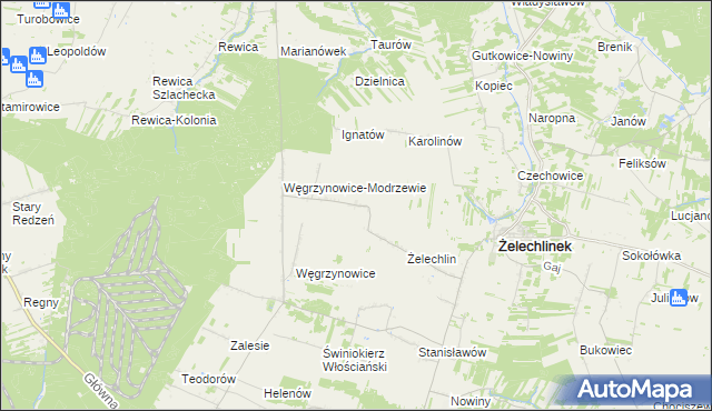 mapa Modrzewek gmina Żelechlinek, Modrzewek gmina Żelechlinek na mapie Targeo