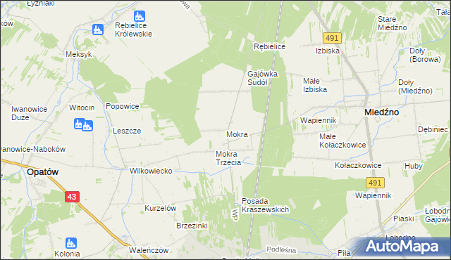 mapa Mokra gmina Miedźno, Mokra gmina Miedźno na mapie Targeo