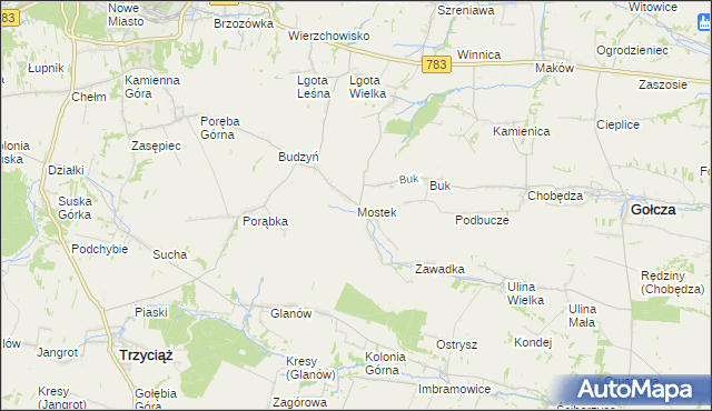 mapa Mostek gmina Gołcza, Mostek gmina Gołcza na mapie Targeo