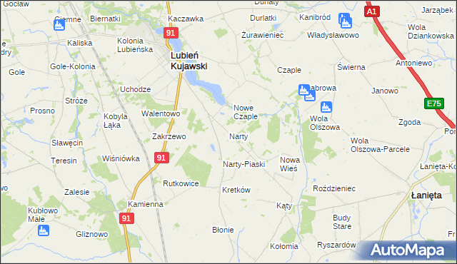 mapa Narty gmina Lubień Kujawski, Narty gmina Lubień Kujawski na mapie Targeo