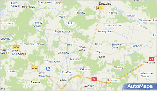 mapa Nowa Wieś gmina Drużbice, Nowa Wieś gmina Drużbice na mapie Targeo