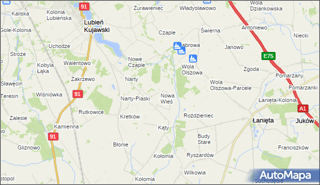 mapa Nowa Wieś gmina Lubień Kujawski, Nowa Wieś gmina Lubień Kujawski na mapie Targeo