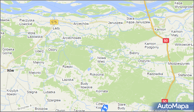 mapa Nowa Wieś gmina Młodzieszyn, Nowa Wieś gmina Młodzieszyn na mapie Targeo