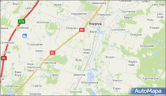 mapa Nowa Wieś gmina Rozprza, Nowa Wieś gmina Rozprza na mapie Targeo