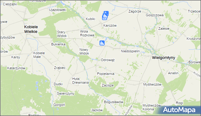 mapa Odrowąż gmina Wielgomłyny, Odrowąż gmina Wielgomłyny na mapie Targeo
