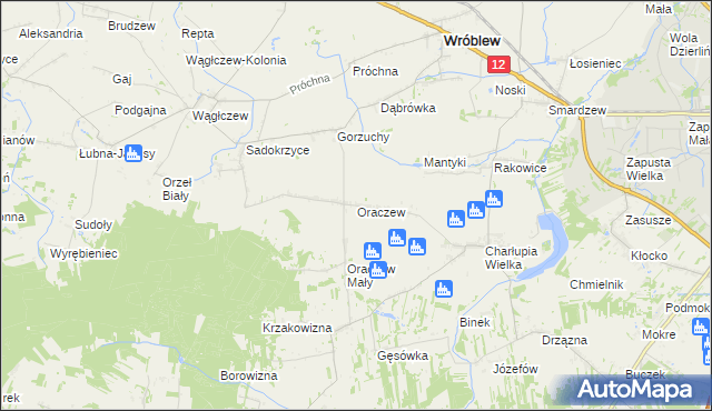 mapa Oraczew gmina Wróblew, Oraczew gmina Wróblew na mapie Targeo