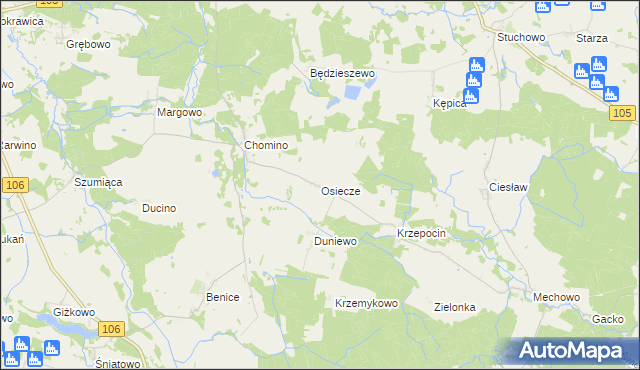 mapa Osiecze gmina Świerzno, Osiecze gmina Świerzno na mapie Targeo