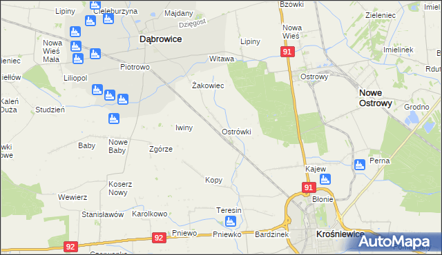 mapa Ostrówki gmina Dąbrowice, Ostrówki gmina Dąbrowice na mapie Targeo