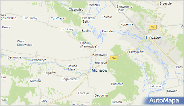 mapa Pawłowice gmina Michałów, Pawłowice gmina Michałów na mapie Targeo