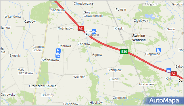 mapa Pęgów gmina Uniejów, Pęgów gmina Uniejów na mapie Targeo