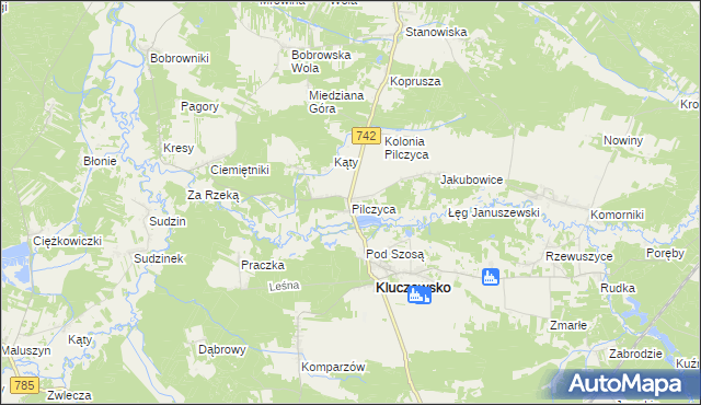 mapa Pilczyca gmina Kluczewsko, Pilczyca gmina Kluczewsko na mapie Targeo