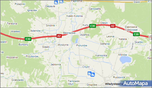 mapa Piorunów gmina Władysławów, Piorunów gmina Władysławów na mapie Targeo