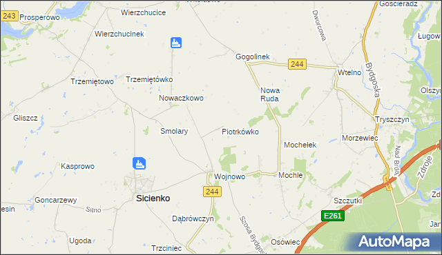 mapa Piotrkówko gmina Sicienko, Piotrkówko gmina Sicienko na mapie Targeo