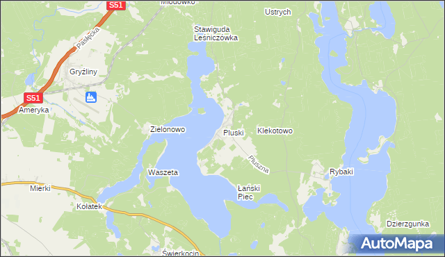 mapa Pluski gmina Stawiguda, Pluski gmina Stawiguda na mapie Targeo