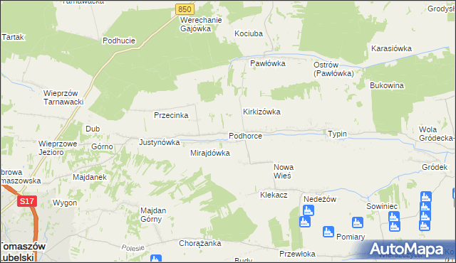 mapa Podhorce gmina Tomaszów Lubelski, Podhorce gmina Tomaszów Lubelski na mapie Targeo
