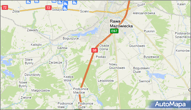 mapa Podlas gmina Rawa Mazowiecka, Podlas gmina Rawa Mazowiecka na mapie Targeo