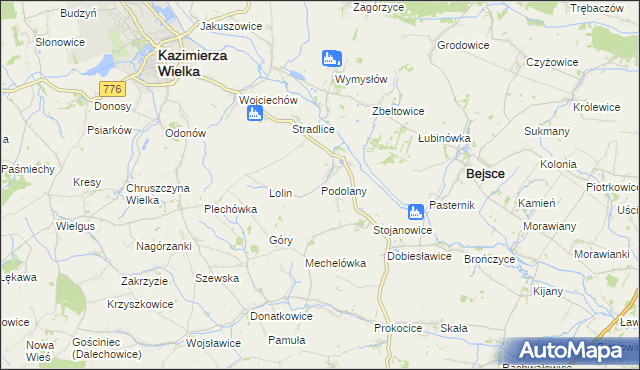 mapa Podolany gmina Kazimierza Wielka, Podolany gmina Kazimierza Wielka na mapie Targeo