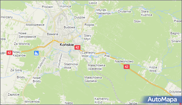 mapa Pomyków gmina Końskie, Pomyków gmina Końskie na mapie Targeo