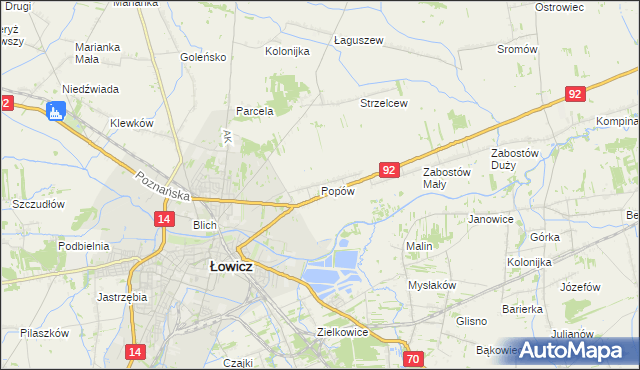 mapa Popów gmina Łowicz, Popów gmina Łowicz na mapie Targeo