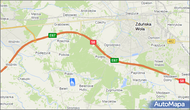 mapa Poręby gmina Zduńska Wola, Poręby gmina Zduńska Wola na mapie Targeo