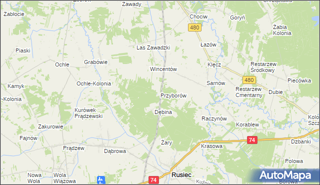 mapa Przyborów gmina Widawa, Przyborów gmina Widawa na mapie Targeo