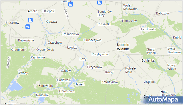 mapa Przybyszów gmina Kobiele Wielkie, Przybyszów gmina Kobiele Wielkie na mapie Targeo